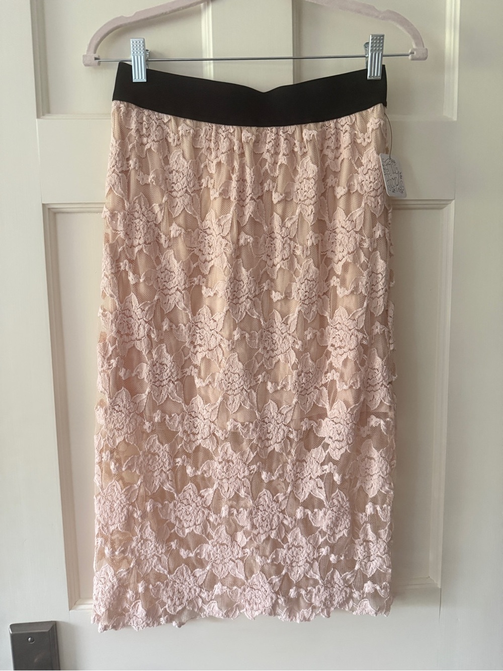 Free People Blush Pink Lace Midi Skirt with Black Waistband